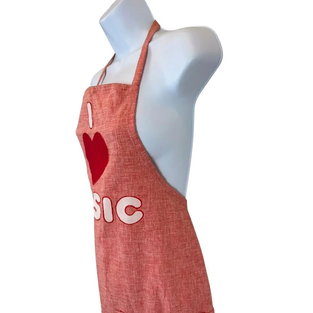 Vintage I Love Music Apron Red Full Length Applique Number Pockets Retro Kitchen